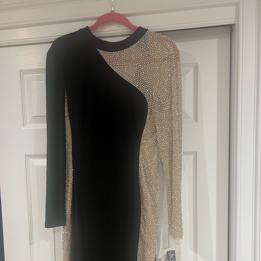 Xscape One Shoulder Black and Gold Dress